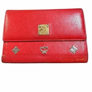 Vintage MCM München Red Pebbled Leather Trifold Wallet - Rare